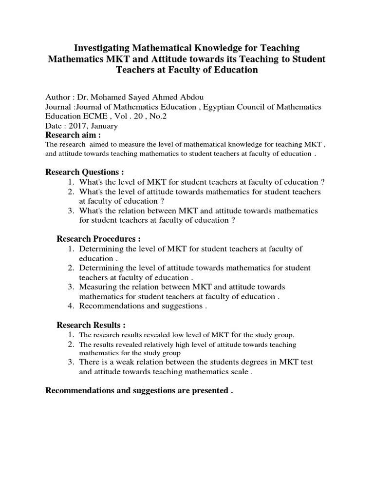 Investigating Mathematical Knowledge For Teaching Mathematics MKT and ...