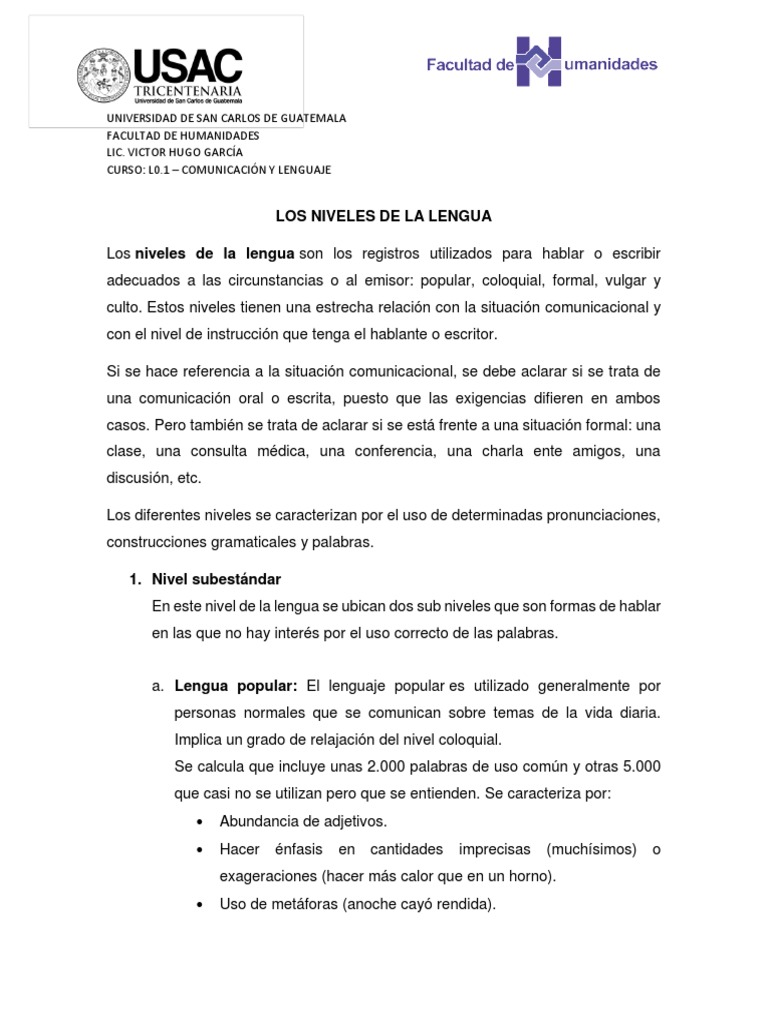 Niveles de la Lengua y Oraciones Gramaticales | PDF | Oración ...