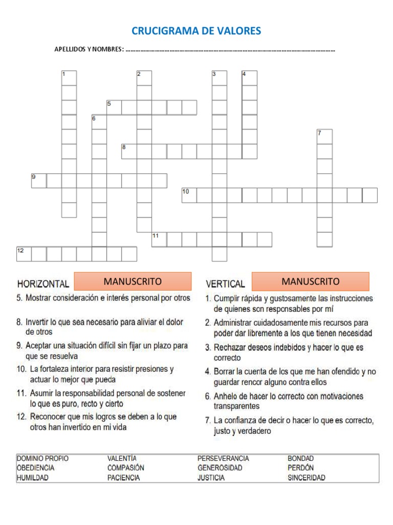 Crucigrama de Valores PDF