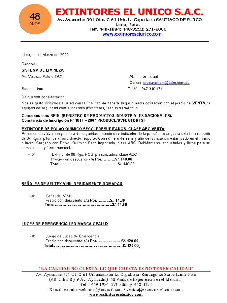 Cot. Venta PQS, Señal, Luz de Emerg. Detector de Humo PDF