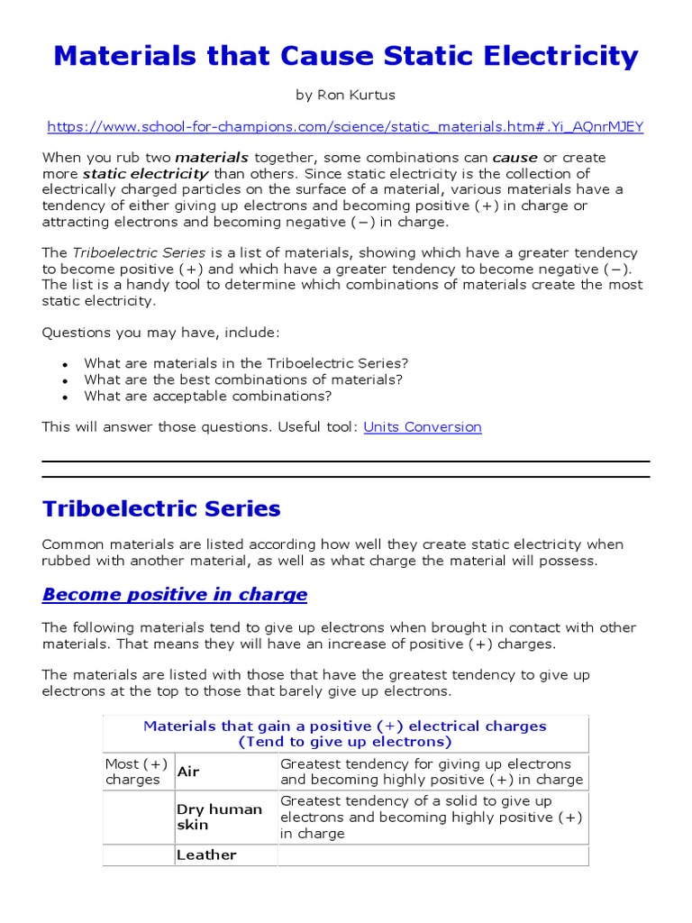 Materials That Cause Static Electricity PDF Electric Charge