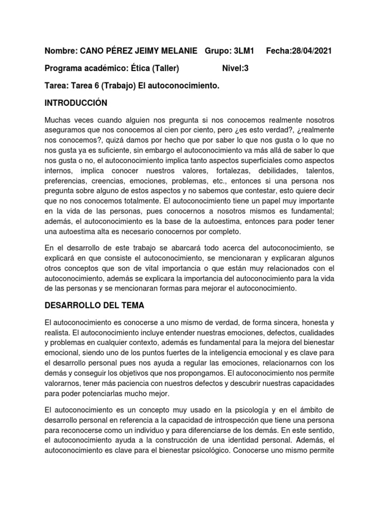 Importancia del Autoconocimiento Personal | PDF | Autoestima | Las ...