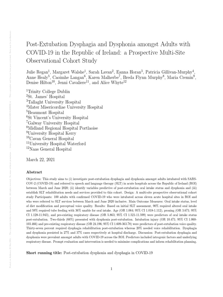 PostExtubation Dysphagia and Dysphonia Amongst Adults With COVID19 in