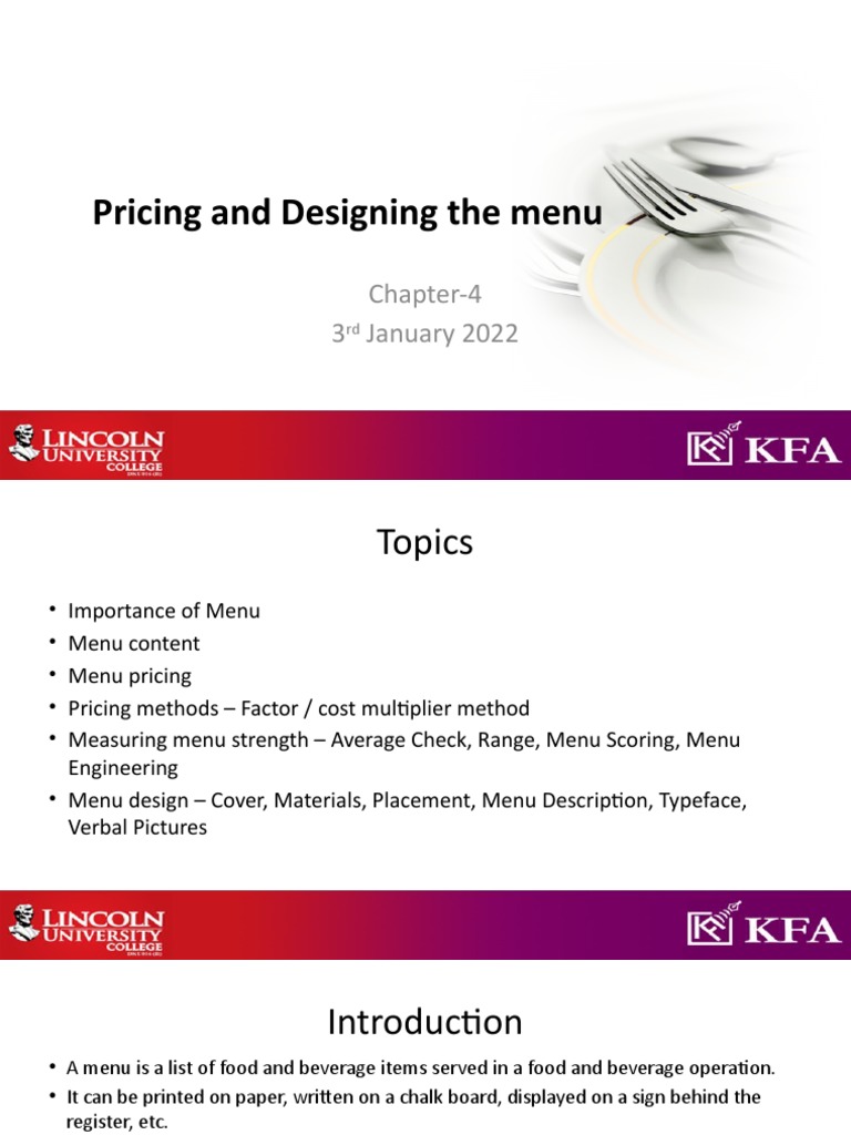 Chapter 4 - Pricing and Designing The Menu | PDF | Menu | Restaurants