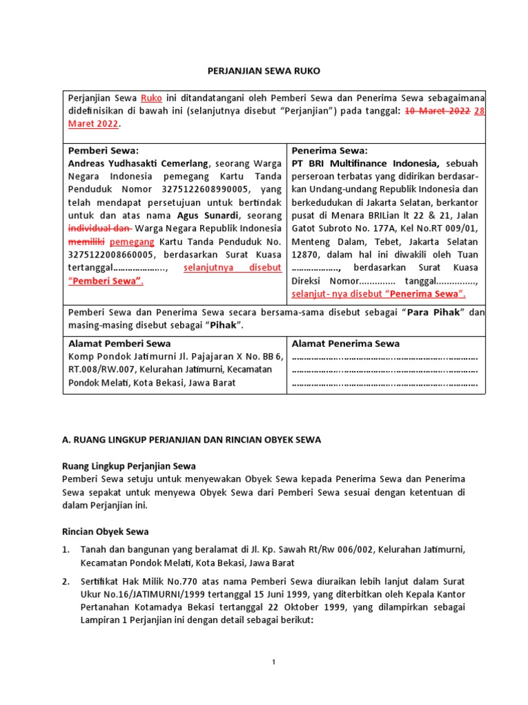 Perjanjian Sewa Ruko Bekasi 2022 | PDF | Hukum