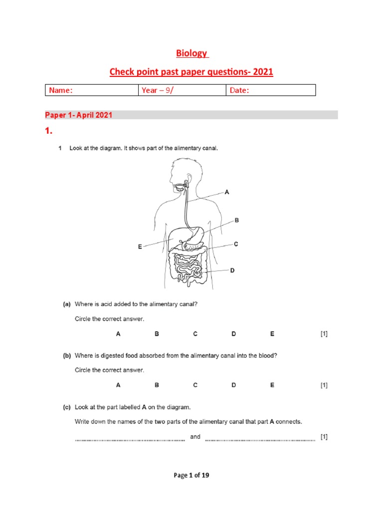 Biology Checkpoint Past Papers 2021 Y9 Questions | PDF