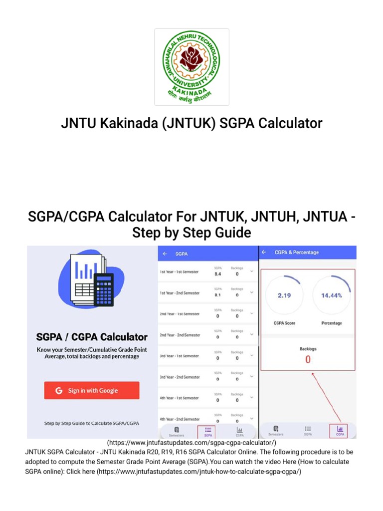JNTUK SGPA Calculator JNTU Kakinada R20, R19, R16 SGPA Calculator