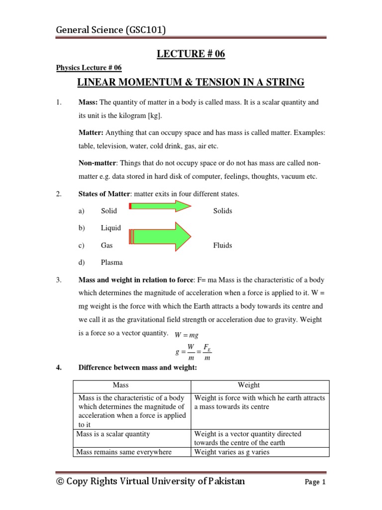 Lecture No. 6 - Linear Momentum and Tension in A String | PDF ...