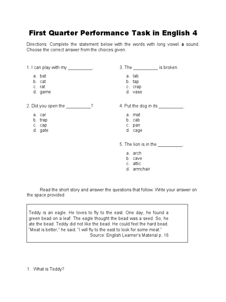 Grade 4 English Q1 Performance Task | PDF | Mouse