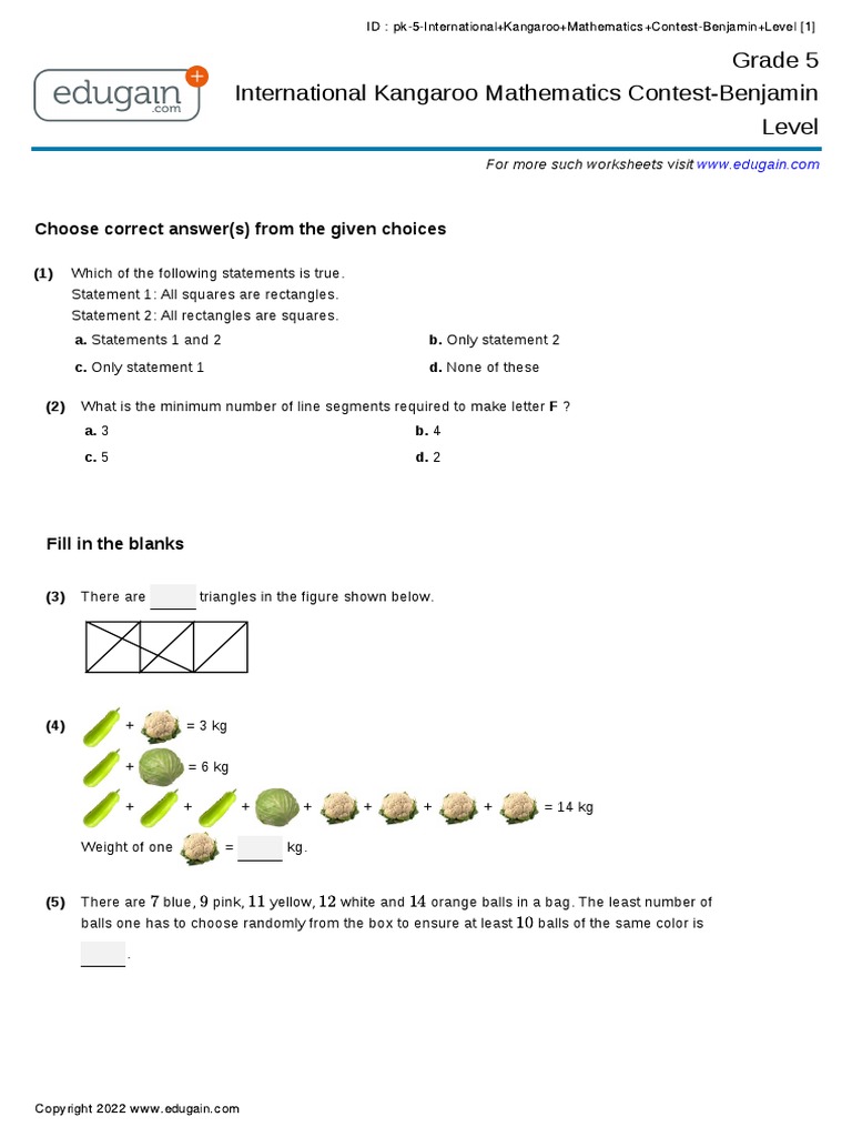 Grade5International Kangaroo Mathematics ContestBenjamin LevelPk