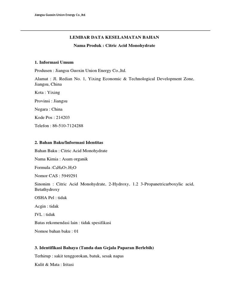 Msds citric acid monohydrate pdf