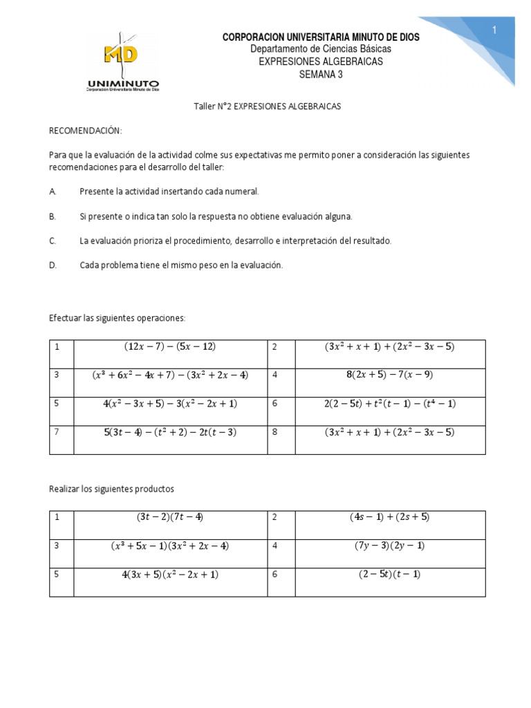 Taller de Expresiones Algebraicas 2023 | PDF | Matemáticas