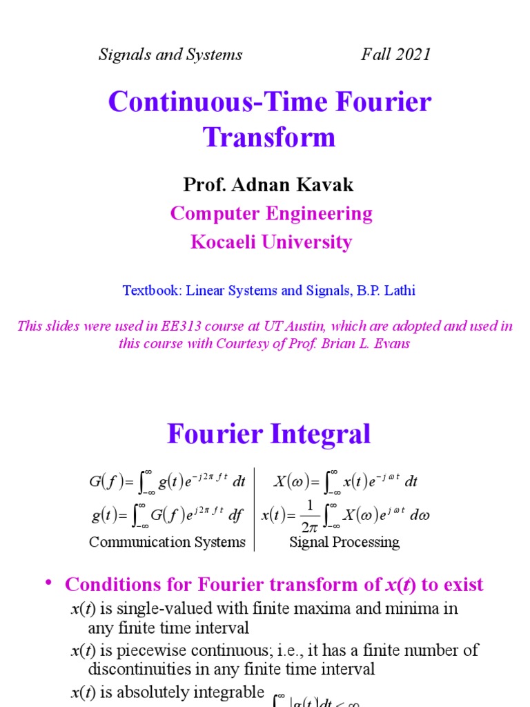 Continuous-Time Fourier Transform: Prof. Adnan Kavak | PDF | Modulation ...
