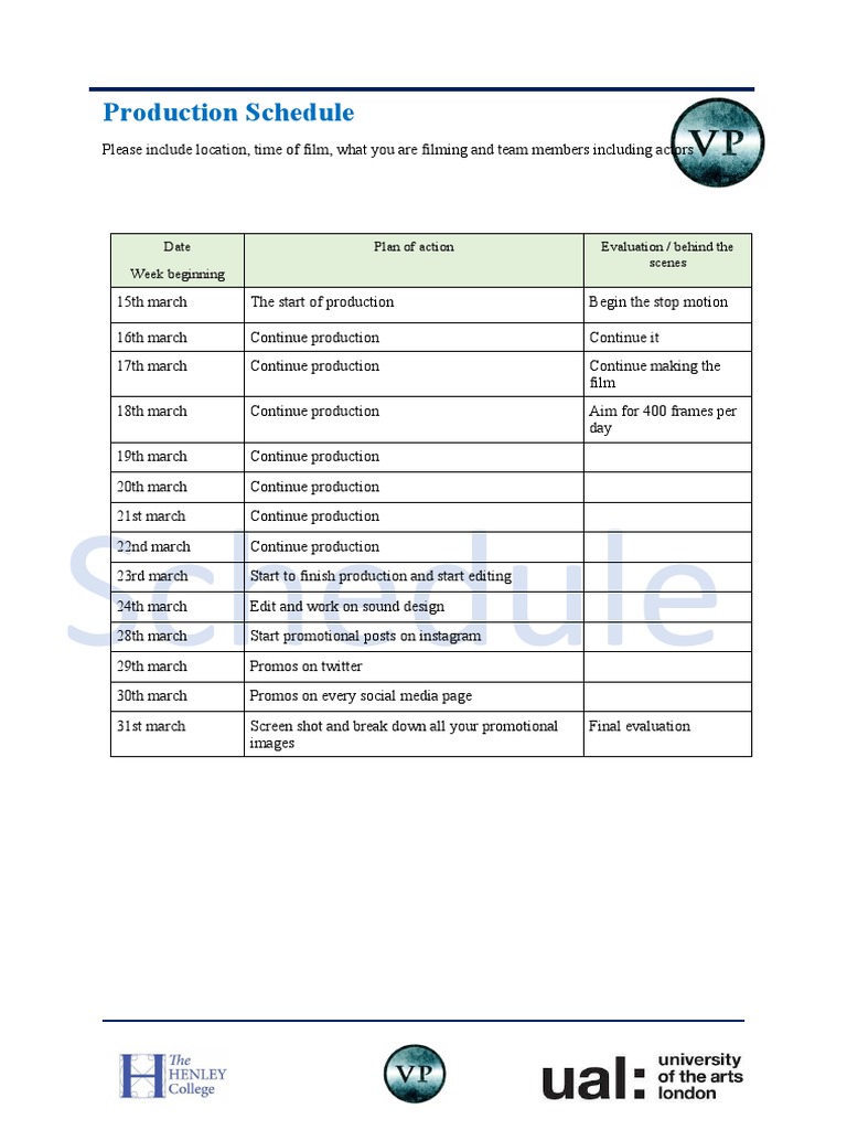 Stop Motion Film Production Schedule | PDF