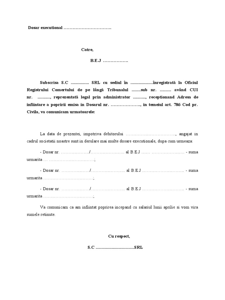 Adresa Infiintare Poprire Model Creditori Multipli MODEL | PDF
