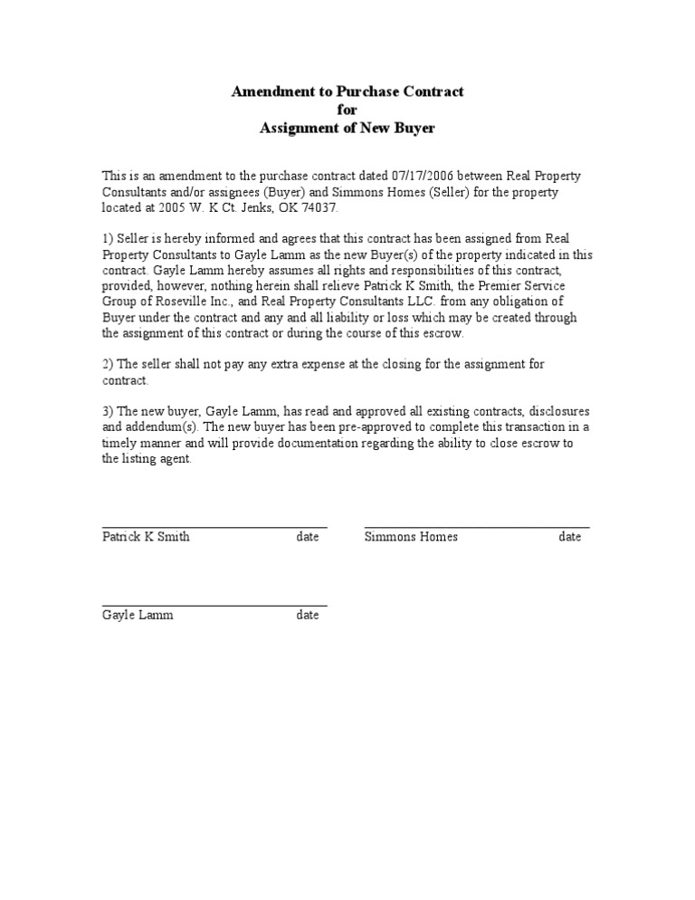 Amendment To Purchase Contract Reassign | PDF