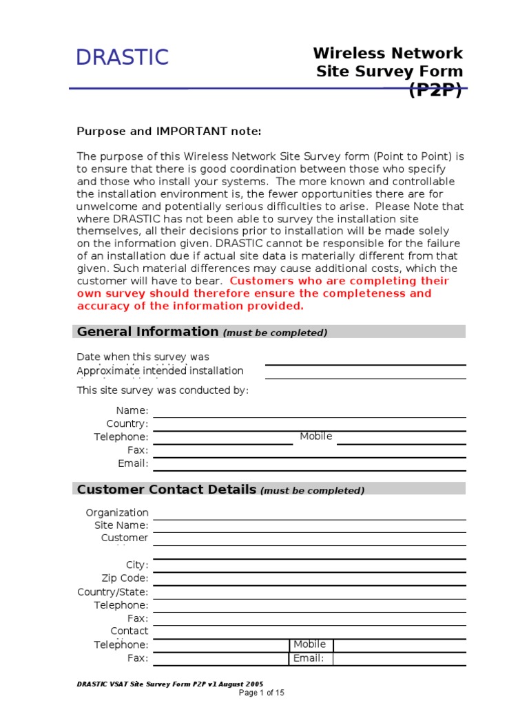 Drastic Wireless Network Site Survey Form Rev1 Surveying Wireless
