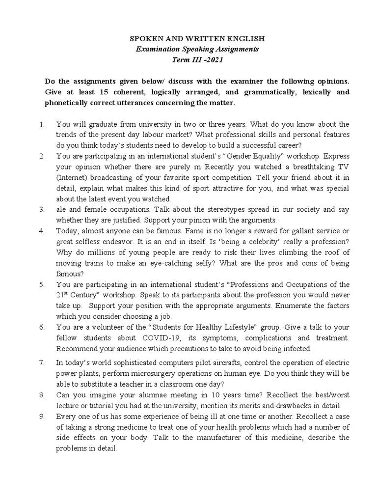 Examination Speaking Assignments Term III - 2021 | PDF | Infection | Sports