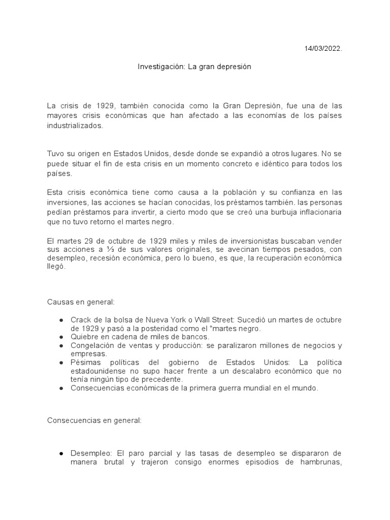 Causas y Consecuencias de la Crisis de 1929 | PDF | Gran depresion ...