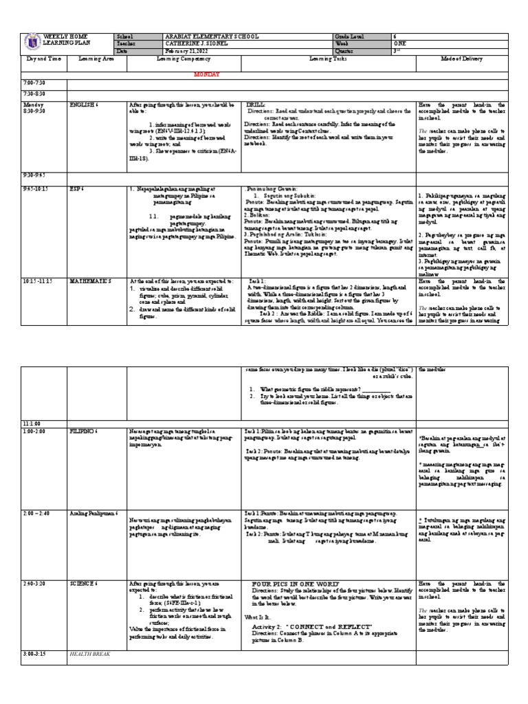 Weekly Home Learning Plan for Grade 6 | PDF | Teachers | Learning