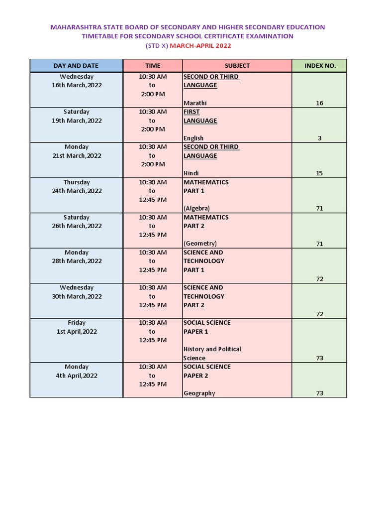 10th SSC Board Exam Timetable 2022 PDF