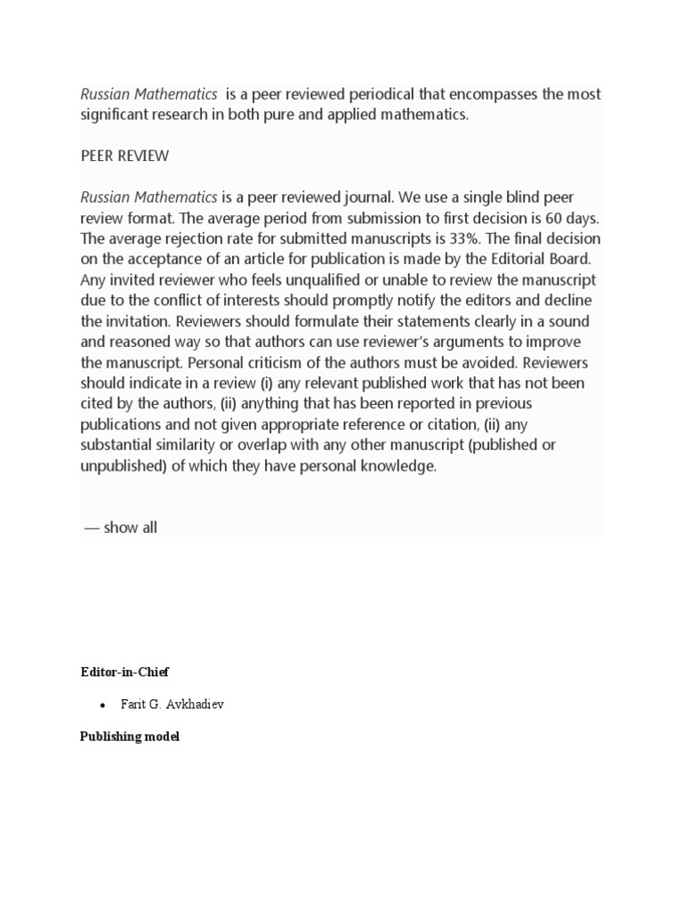 Russian Mathematics Is A Peer Reviewed Periodical That Encompasses The ...