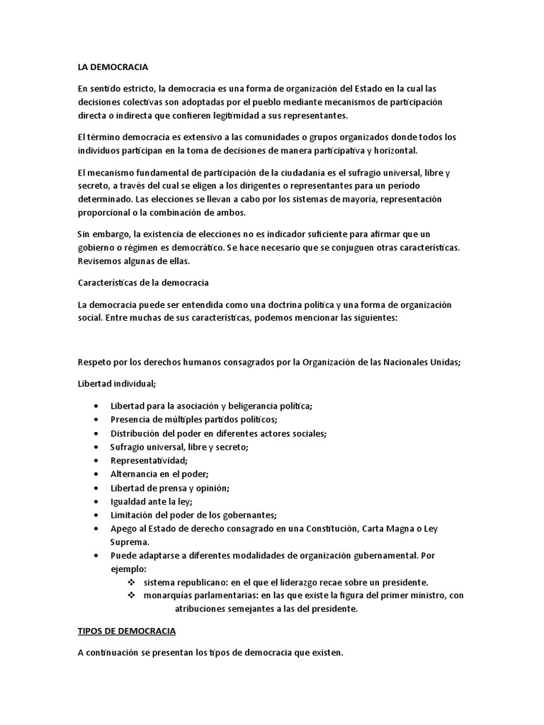 Tipos y Características de la Democracia | PDF | Gobierno | Ideologías ...