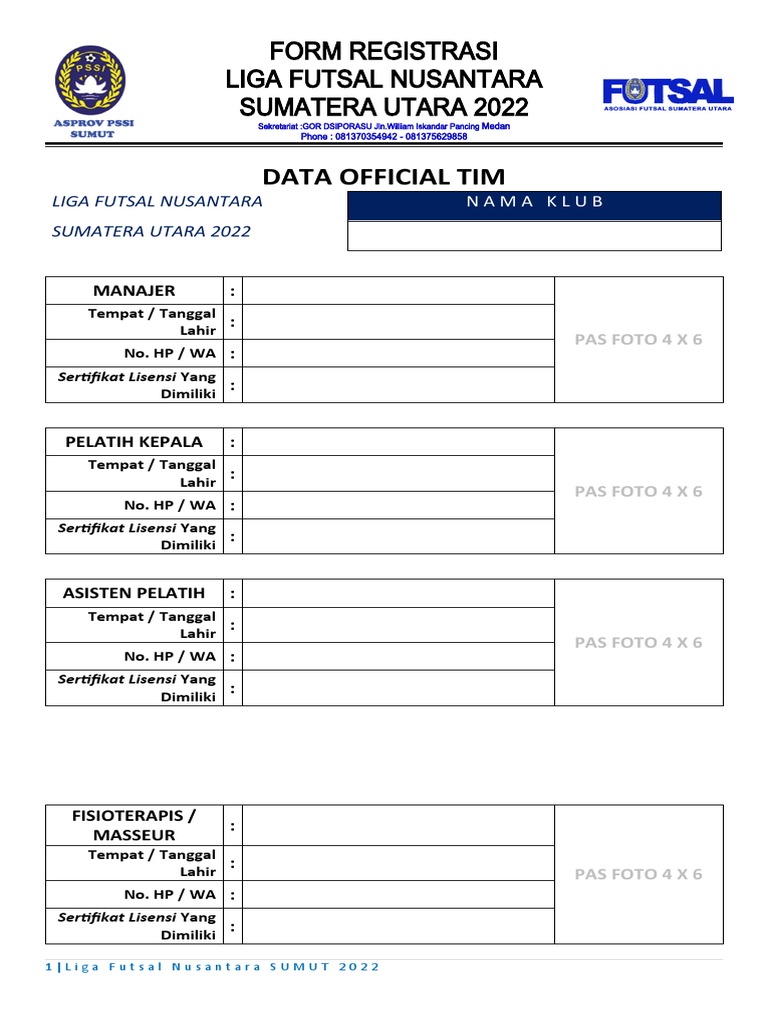 Formulir Registrasi Tim Futsal 2022 | PDF