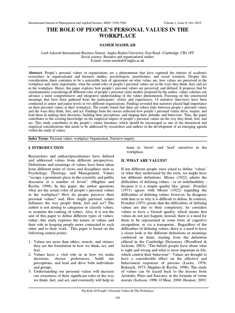 Personal Values in the Workplace | PDF | Narrative | Value (Ethics)