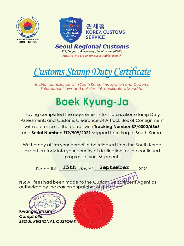 Customs Stamp Duty Certificate Baek KyungJa PDF