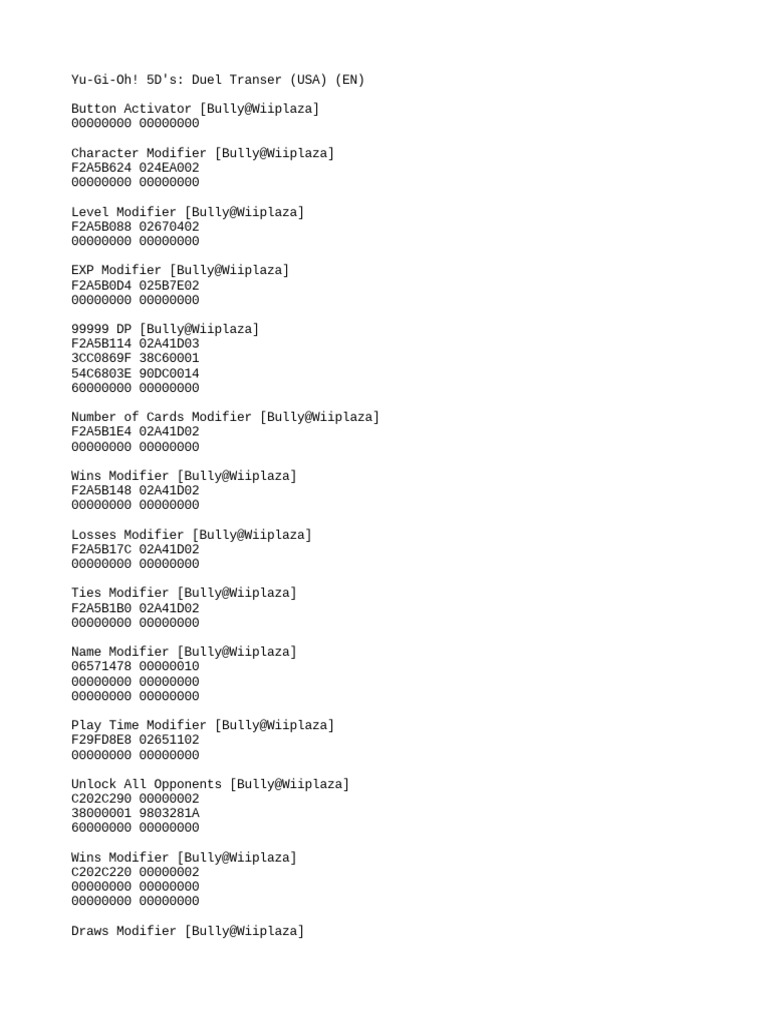 Yu-Gi-Oh! 5D's Duel Transer Cheats | PDF | Games Of Chance | Gaming Devices