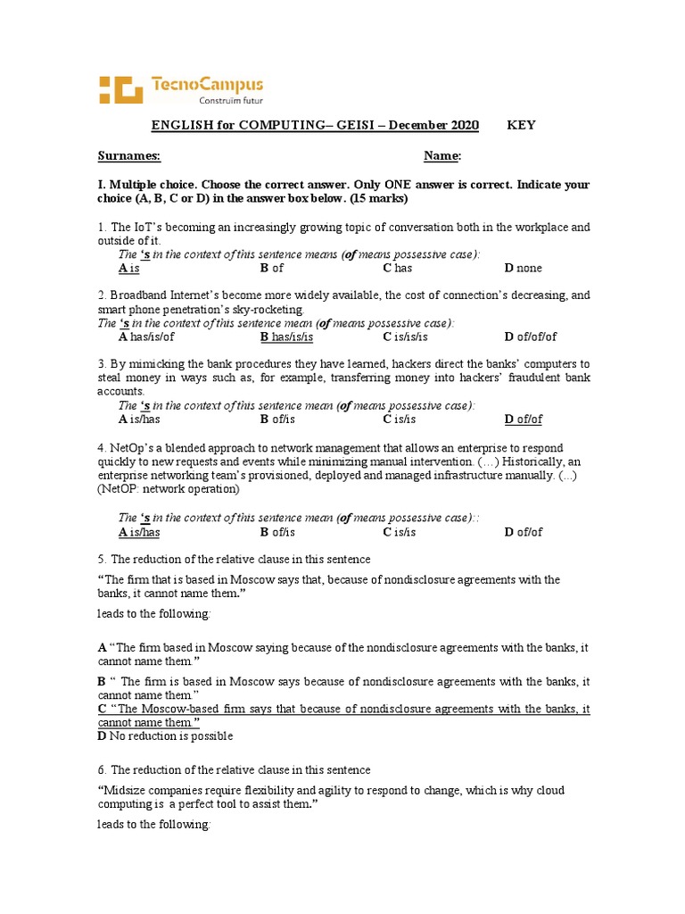 English For Computing - Final Exam - December2020 | PDF | Computer ...