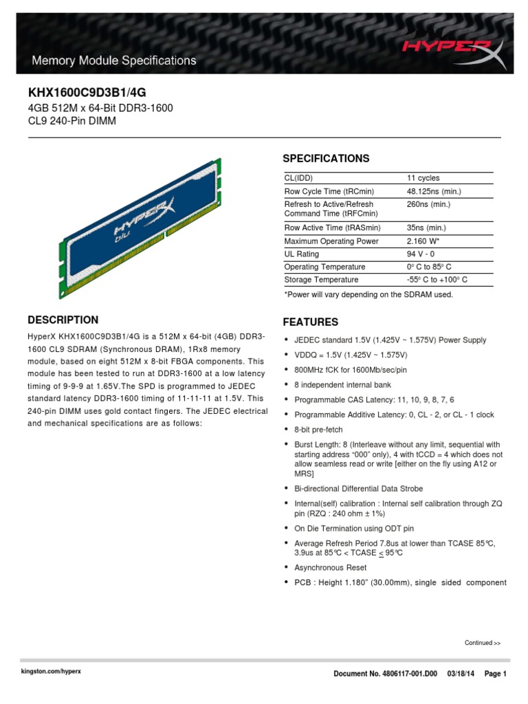 KHX1600C9D3B1/4G: 4GB 512M X 64-Bit DDR3-1600 CL9 240-Pin DIMM | PDF ...