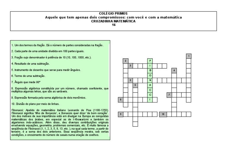 Cruzadinha Matemática para imprimir