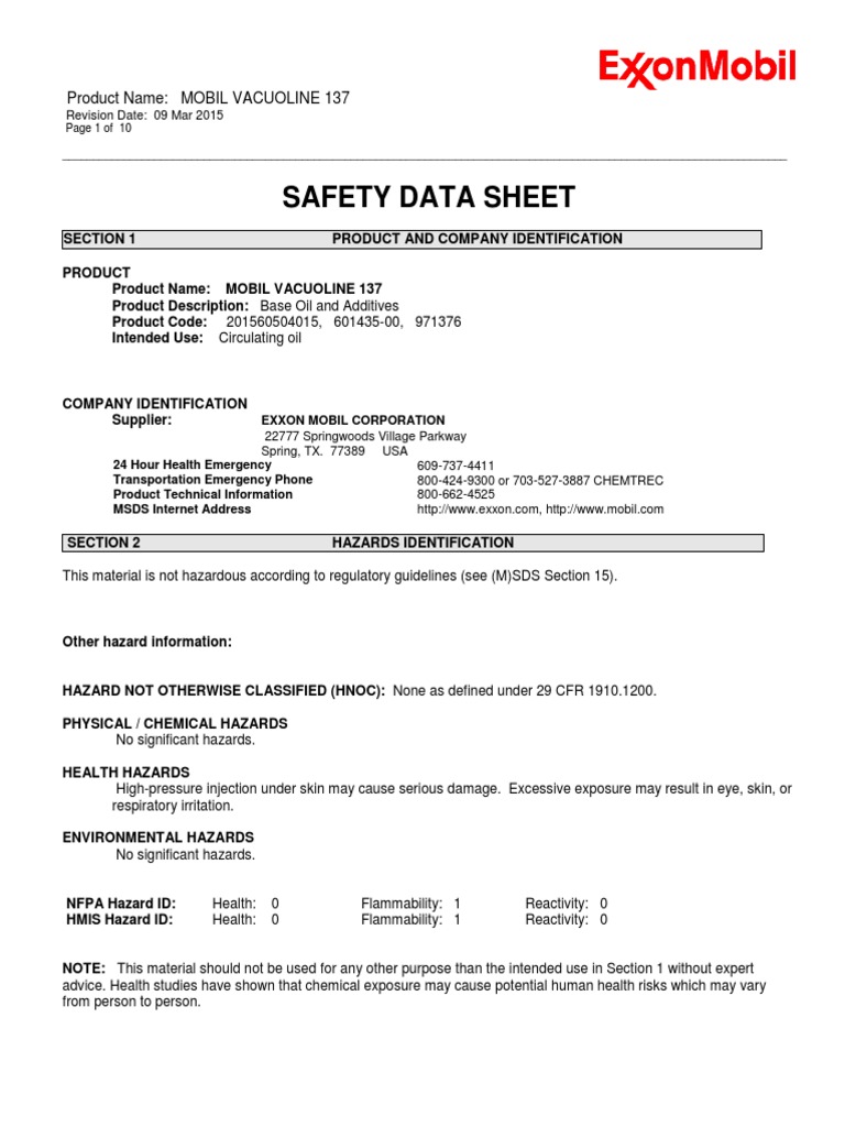 Safety data sheet product name mobil vacuoline 137 pdf toxicity