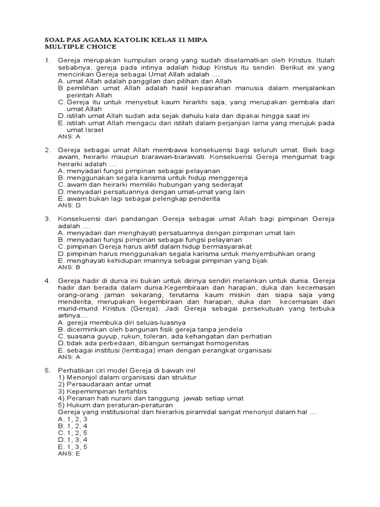 Soal Uas Agama Katolik Kelas Xi Pdf