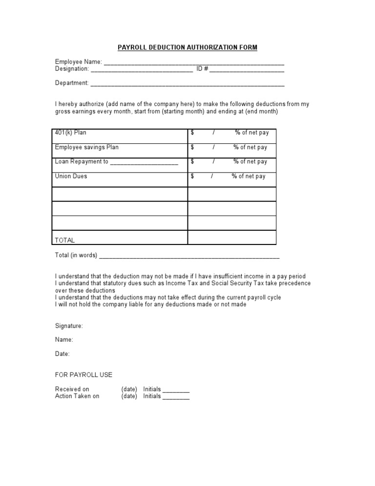 Payroll Deduction Authorization Form | PDF
