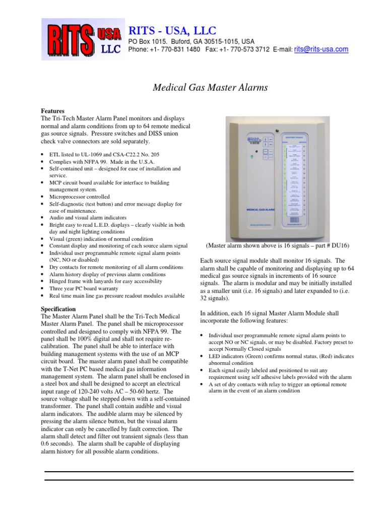RITS USA LLC Medical Gas Master Alarms & Area Alarms PDF Nitrous
