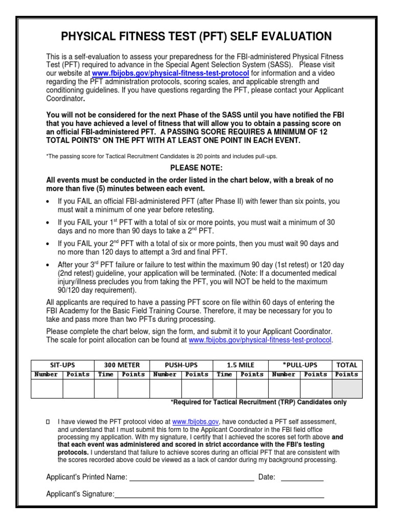 FBI Physical Fitness Test Self-Evaluation | PDF | Federal Bureau Of ...