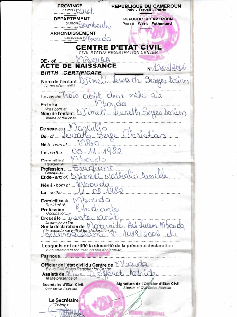Extrait d'acte de naissance Cameroun | PDF