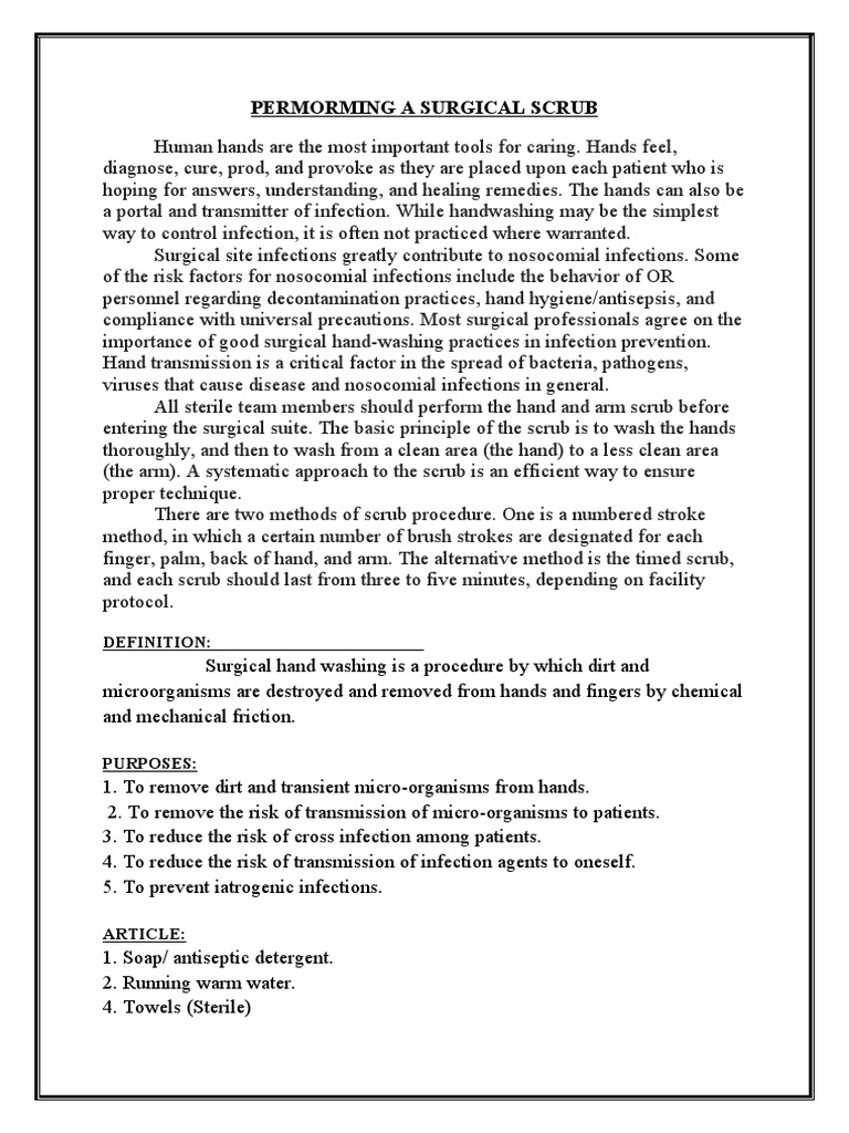 Permorming A Surgical Scrub Definition PDF Surgery Hand Washing