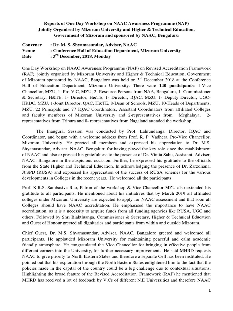 Report On NAAC - Workshop at Mizoram University | PDF