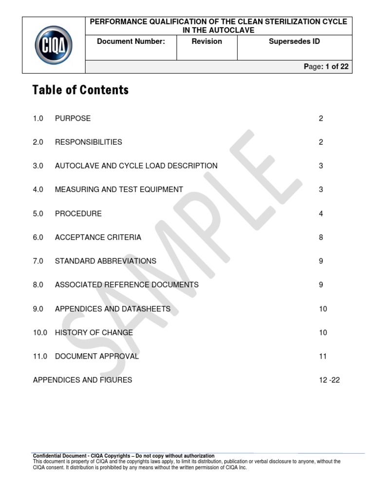 CIQA PQ Clean Steam Sterilization Process in Autoclave Protocol Template Sample Version PDF