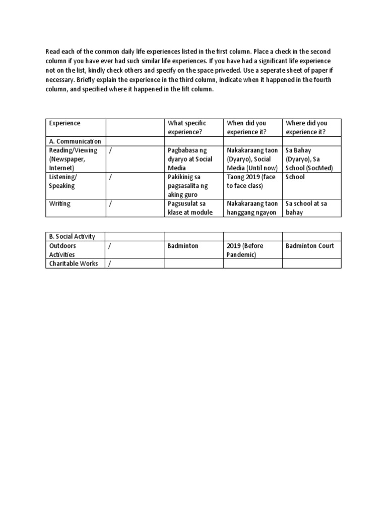 Daily Life Experiences Checklist | PDF | Language Arts & Discipline