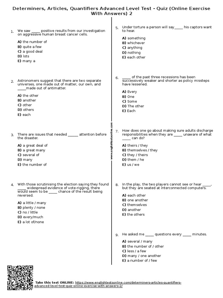 358 - Determiners Articles Quantifiers Advanced Level Test Quiz Online ...