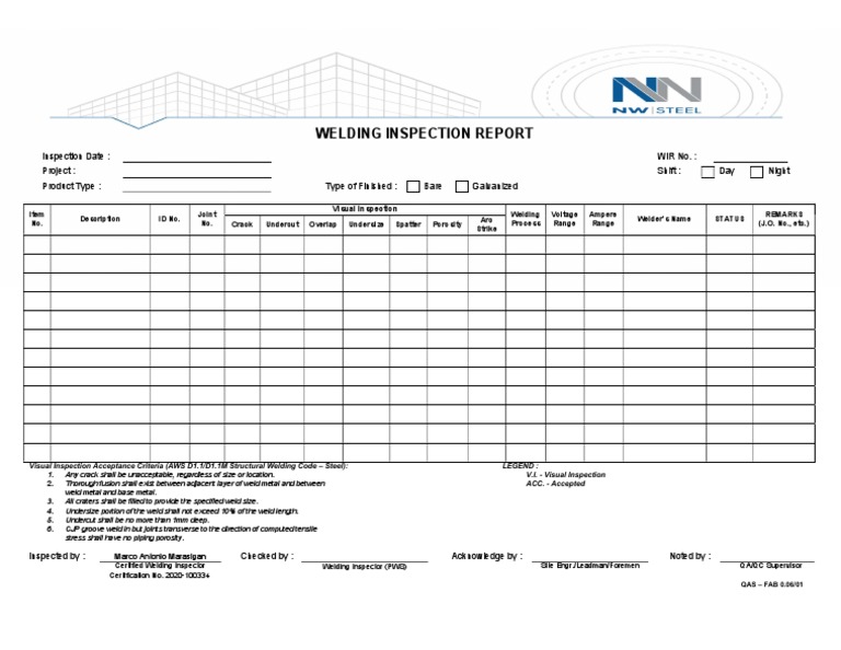 Welding Inspection Report Detailing Visual Inspection Findings for ...