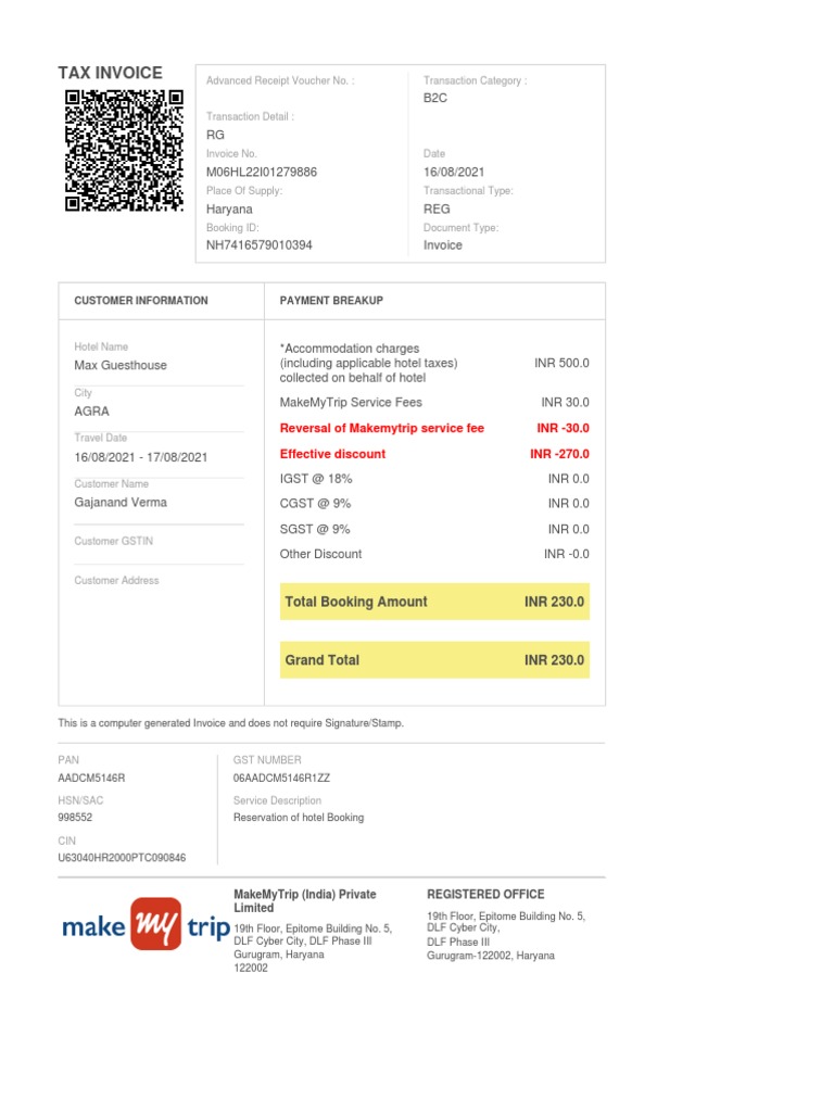 MakeMyTrip Hotel Invoice Breakdown | PDF | Invoice | Service Industries