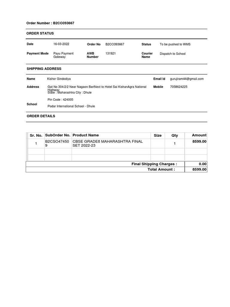 Order Number: B2CO393667: Status Date Order No | PDF