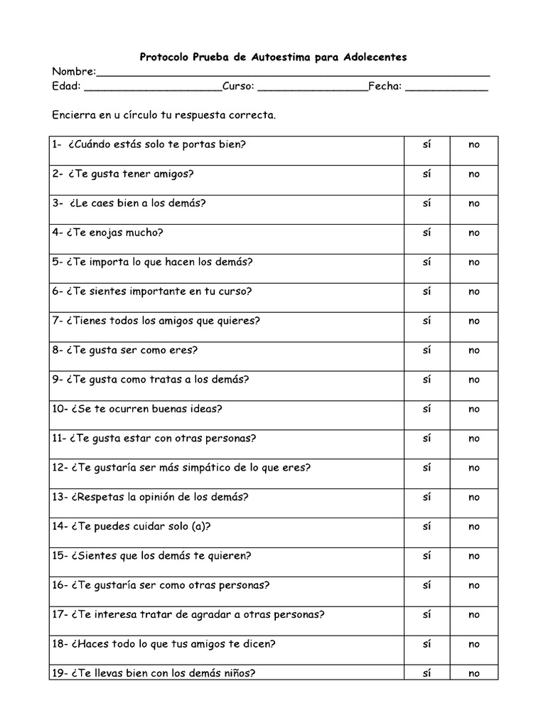 Prueba de Autoestima para Adolescentes | PDF