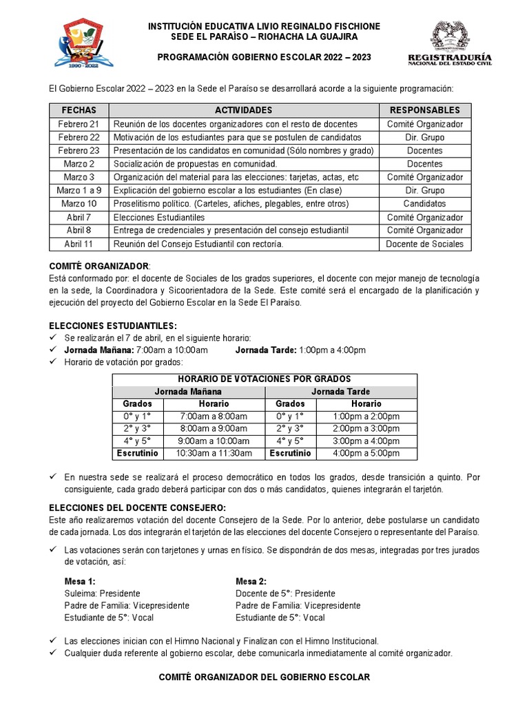 Programación Gobierno Escolar | PDF | Gobierno